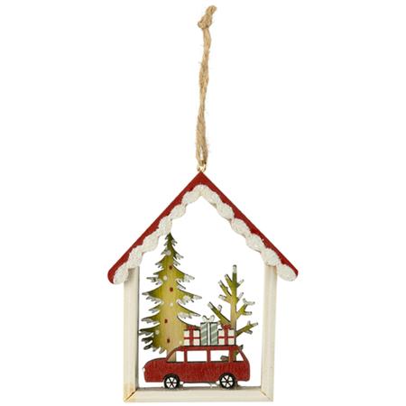 Wood House Red Car Ornament 3